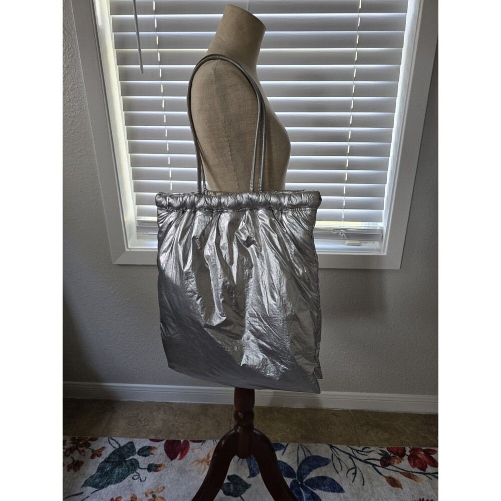 ZARA Silver Metallic Puffer Tote Bag Long Strap Shoulder Bag